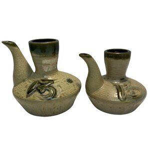 Vintage Japanese Sake Pourers Set Pottery Artistic Decorative Neutral Retro MCM